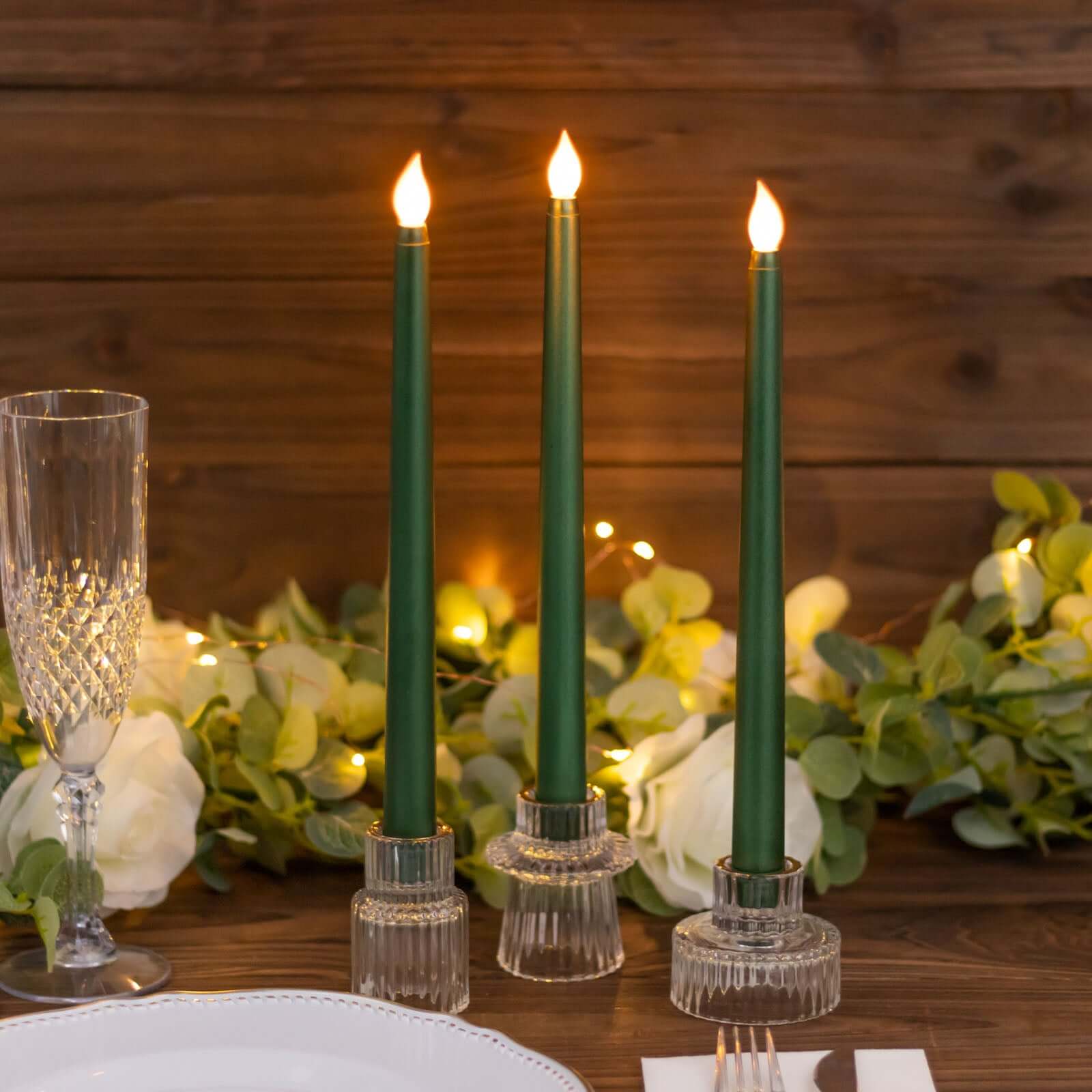 Hunter emerald green LED taper candles for elegant Halloween table styling