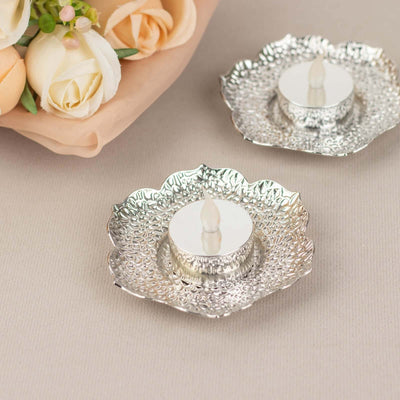3-Pack Metal Votive Candle Holders 4" Plum Blossom Design Shiny Silver - Vintage Mini Tea Cup Saucers