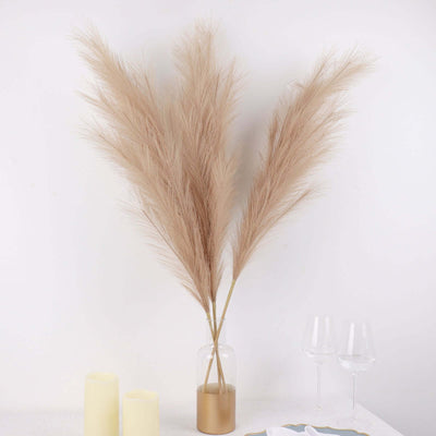 3 Stems Artificial Pampas Grass Decor 44" Taupe - Fluffy Faux Ornamental Grass Branches