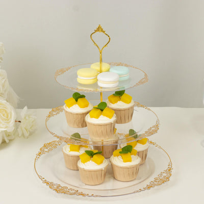 3-Tier Clear Plastic Cupcake Stand Holder with Gold Embossed Baroque Rim, Round Cake Dessert Display Stand Tiered Serving Tray with Top Handle - 13"