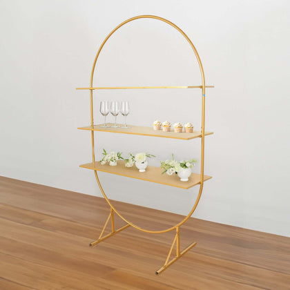 3-Tier Metal Oval Cupcake Dessert Stand 6.5ft Gold Arch Shelf Rack Style - Sturdy Large Floor Standing Cake Display Stand for Birthdays Banquets & Modern Celebrations