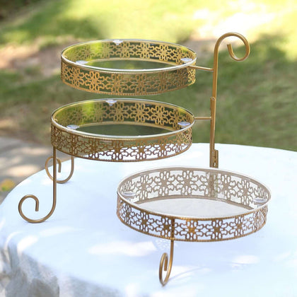 3-Tier Metal Rotating Cupcake Stand 28" Gold with Clear Acrylic Round Plates - Hollow Lace Design Dessert Display