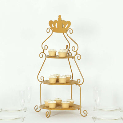 3 Tier Metal Round Cake Stand 32" Gold with Crown Top - Multiuse Cupcake Holder Dessert Display Riser for Classy Wedding Party & Event Decor