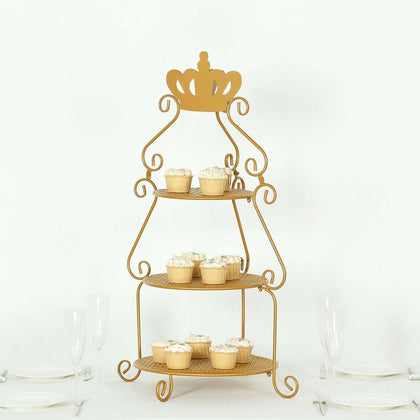 3 Tier Metal Round Cake Stand 32" Gold with Crown Top - Multiuse Cupcake Holder Dessert Display Riser for Classy Wedding Party & Event Decor