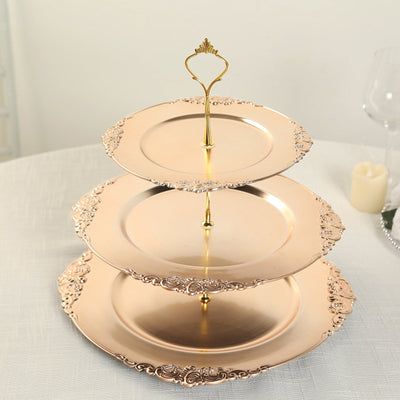 3-Tier Plastic Round Cupcake Stand 13" Metallic Gold with Embossed Baroque Rim & Top Handle - Reusable Dessert Display Holder Serving Tray Platter