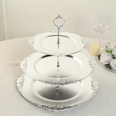3-Tier Plastic Round Cupcake Stand 13" Metallic Silver with Embossed Baroque Rim & Top Handle - Reusable Dessert Display Holder Serving Tray