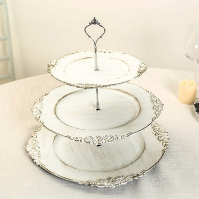3-Tier Plastic Round Cupcake Stand 13" Whitewashed with Antique Gold Baroque Rim & Top Handle - Reusable Dessert Display Holder Serving Tray Platter for Rustic Chic Events