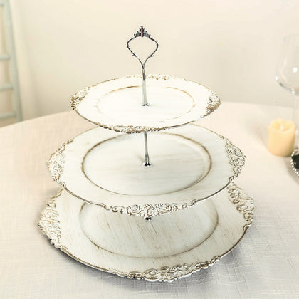 3-Tier Plastic Round Cupcake Stand 13" Whitewashed with Antique Gold Baroque Rim & Top Handle - Reusable Dessert Display Holder Serving Tray Platter for Rustic Chic Events