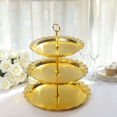 3-Tier Plastic Round Cupcake Stand 15" Metallic Gold with Lace Scalloped Edges - Decorative Dessert Display Tower Pastry Serving Tray for Weddings