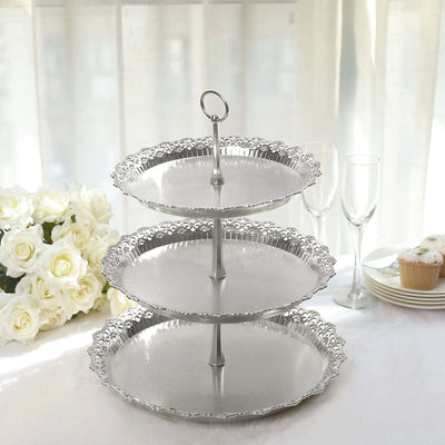 3-Tier Plastic Round Cupcake Stand 15" Metallic Silver with Lace Scalloped Edges - Decorative Space Saving Dessert Display Tower Pastry Serving Tray