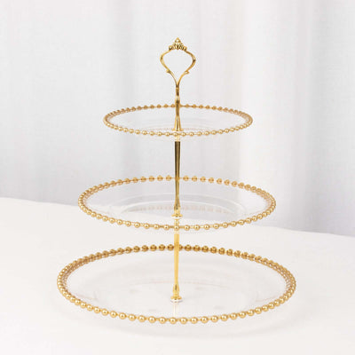 3-Tier Plastic Round Cupcake Tower Stand 14" Clear with Gold Beaded Rim - Stable Dessert Display Tea Party Serving Platter With Top Handle