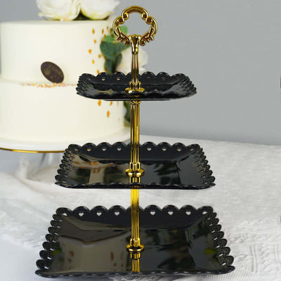3-Tier Plastic Square Cupcake Stand Tower 13" Black Heart Wavy Edge & Gold Top Handle - Lightweight Dessert Display Serving Tray Platter for Weddings