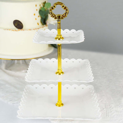 3-Tier Plastic Square Cupcake Stand Tower 13" White Heart Wavy Edge & Gold Top Handle -Dessert Display Serving Tray Platter