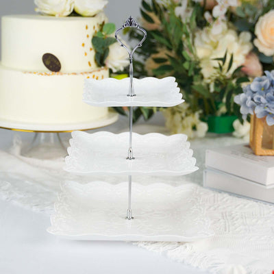3-Tier Plastic Square Cupcake Stand Tower 13" White with Floral Embossed Scalloped Rim & Silver Handle - Lightweight Disposable Dessert Display Tray