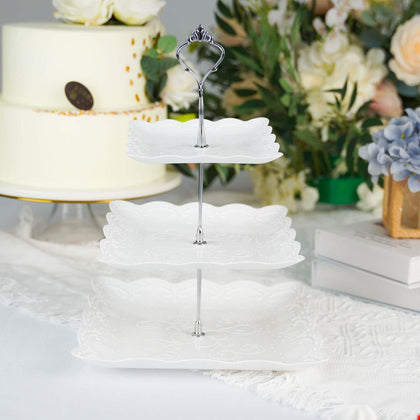 3-Tier Plastic Square Cupcake Stand Tower 13" White with Floral Embossed Scalloped Rim & Silver Handle - Lightweight Disposable Dessert Display Serving Tray Platter for Weddings & Parties