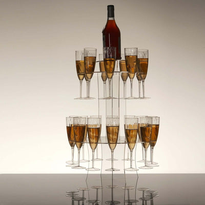 3-Tier Round Champagne Glass Holder Tower 21" Clear Acrylic Holds 23 Stemware + 1 Bottle, Flute Display Rack Cocktail Tree Stand for Stylish Drink Presentation