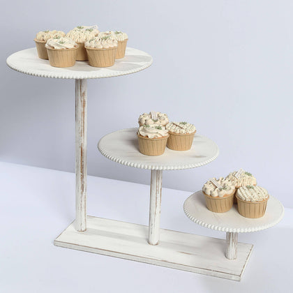 3-Tier Wooden Cake Stand 24"x16" Whitewash with Round Beaded Rim Trays - Rustic Cupcake Tower Dessert Display