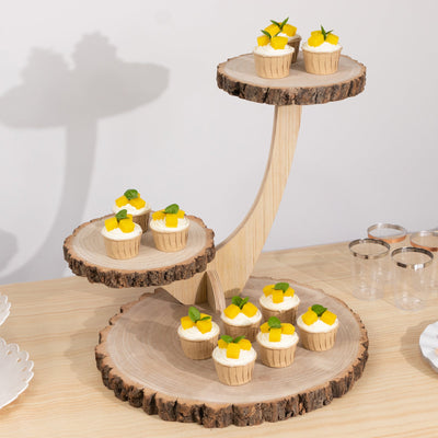3-Tier Wooden Cupcake Stand 17" Rustic Natural Wood Slice with Tree Branch Style - Farmhouse Dessert Display Cake Holder