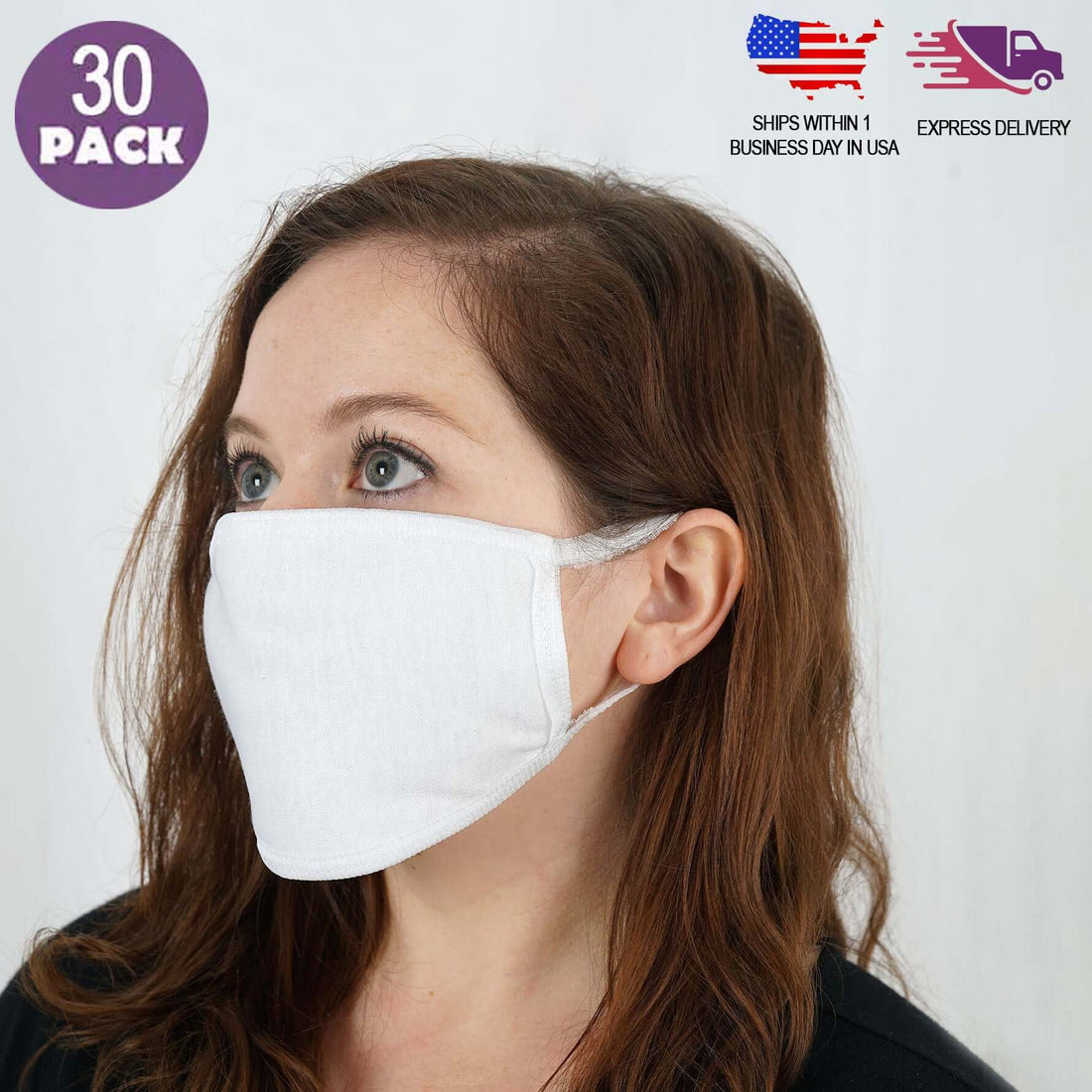 White reusable face masks, pack of 30, comfortable fit for daily wear.