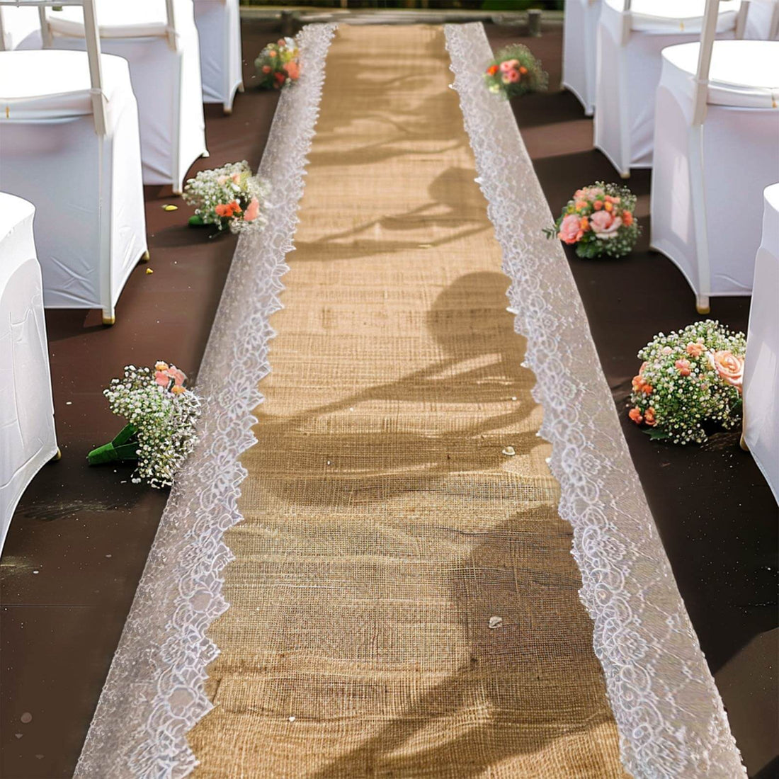Burlap wedding aisle runner with lace trim and floral decor