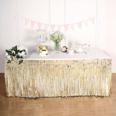 Metallic Foil Fringe Table Skirt 30"x9ft Champagne with Self Adhesive Backing - Tinsel Party Table Skirt
