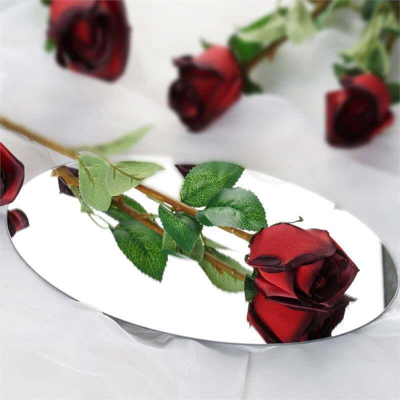 Red roses reflected in an oval mirror on a soft white background.