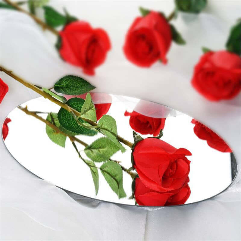 Oval mirror reflecting red roses on a white surface.