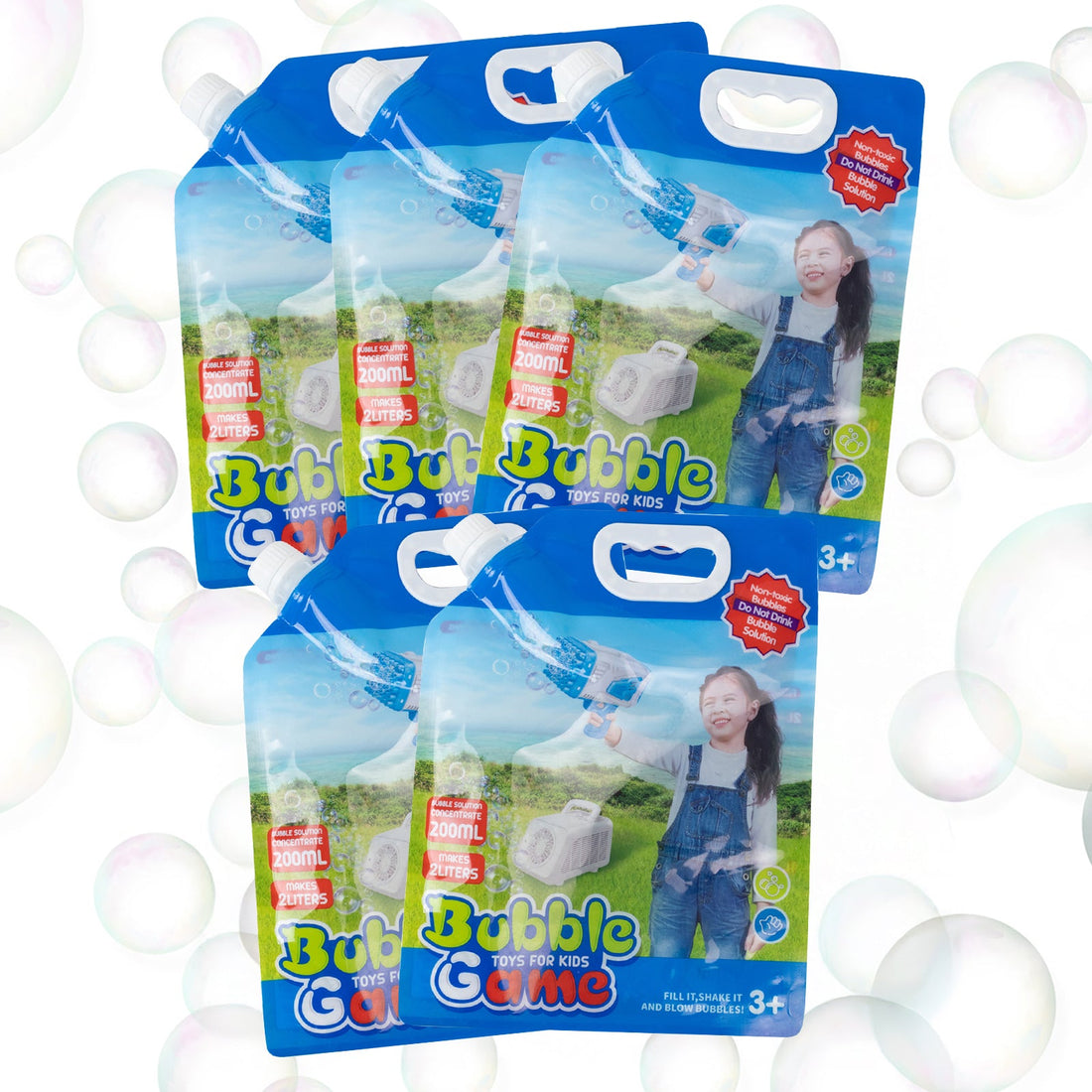 Bubble Game bubble solution packs for kids, 200ml each, fun outdoor activity.
