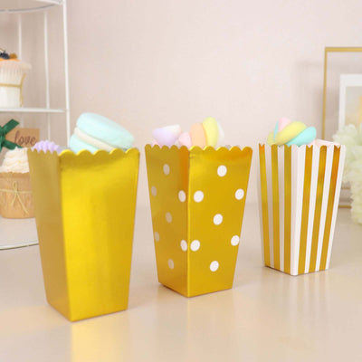 36 Pack White / Gold Cardboard Popcorn Style Favor Boxes, Candy Paper Bags - Stripe, Polka Dot, Solid Design 5"
