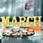 Yellow marquee letters spelling "MARCH" with decorative treats in the background.
