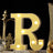 Illuminated marquee letter "R" with warm lights on a decorative surface.
