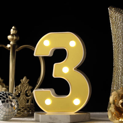 3D Marquee Number "3" Gold with Warm White 5 LED Lights 6" - Light-Up Decor for Weddings