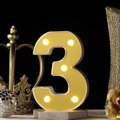 3D Marquee Number "3" Gold with Warm White 5 LED Lights 6" - Light-Up Decor for Weddings
