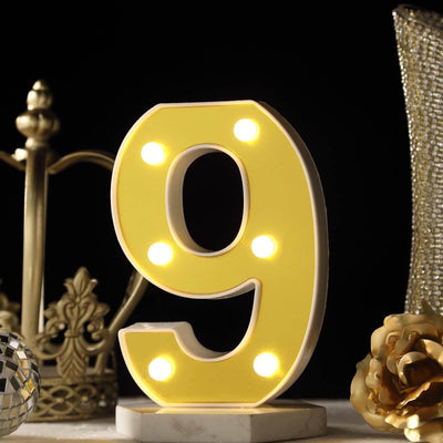 3D Marquee Number "9" Gold with Warm White 6 LED Lights 6" - Light-Up Decor for Weddings