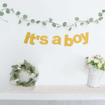 Gold Glittered It's a Boy Paper Hanging Gender Reveal Garland Banner, Baby Shower Banner 3ft