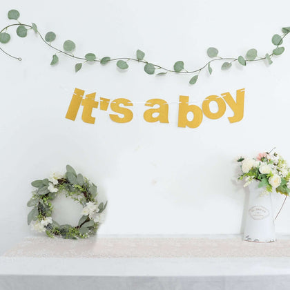 Gold Glittered It's a Boy Paper Hanging Gender Reveal Garland Banner, Baby Shower Banner 3ft