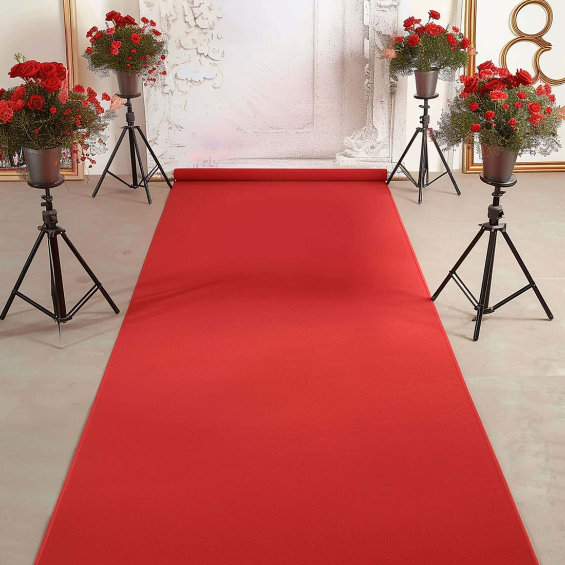 Red carpet with floral arrangements in stylish pots, perfect for events.