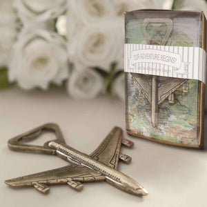 Airplane bottle opener with packaging, perfect for travel enthusiasts.