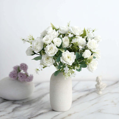 4 Pack Ivory Real Touch Artificial Rose Flower Bushes, Silk Faux Floral Plants - 12"