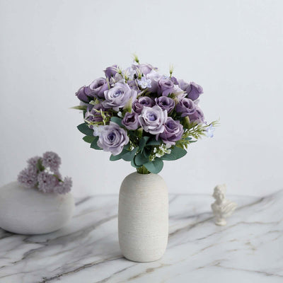 4 Pack Lavender Lilac Real Touch Artificial Rose Flower Bushes, Silk Faux Floral Plants - 12"
