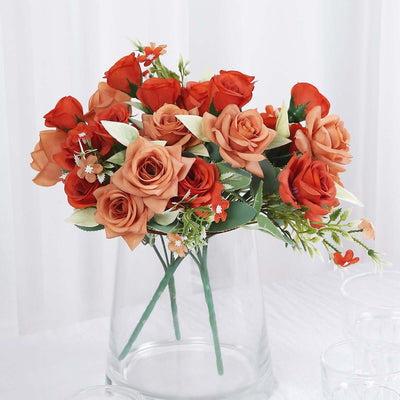 4 Pack Terracotta (Rust) Real Touch Artificial Rose Flower Bushes, Silk Faux Floral Plants - 12"