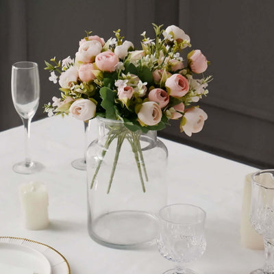 4 Pack Artificial Blush Ranunculus Silk Flower Bridal Bouquets 12", Faux Buttercup Floral Arrangement