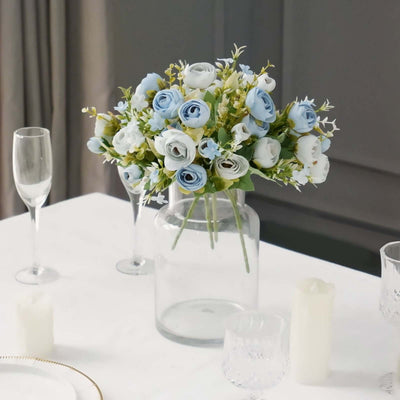 4 Pack Artificial Dusty Blue Ranunculus Silk Flower Bridal Bouquets 12", Faux Buttercup Floral Arrangement