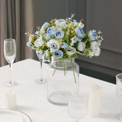 4 Pack Artificial Dusty Blue Ranunculus Silk Flower Bridal Bouquets 12", Faux Buttercup Floral Arrangement