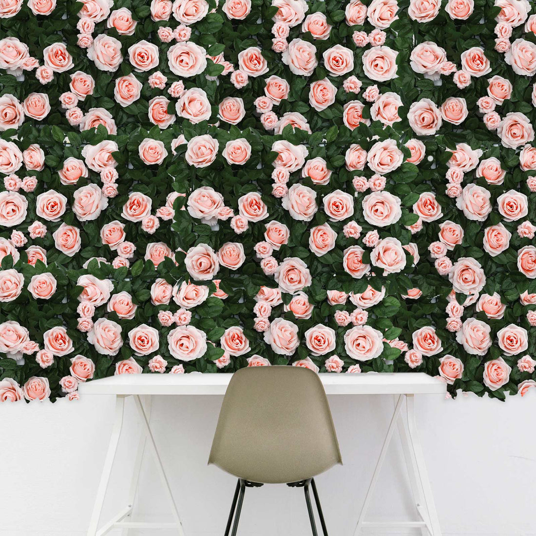 Pink rose wall panel backdrop with desk
