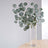 Eucalyptus branches in a clear vase on a wooden table.