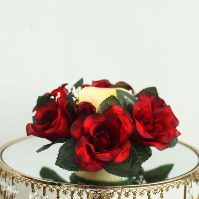 4 Pack Black/Red Artificial Silk Rose Flower Candle Ring Wreaths 3"