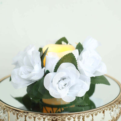 4 Pack White Artificial Silk Rose Flower Candle Ring Wreaths 3"