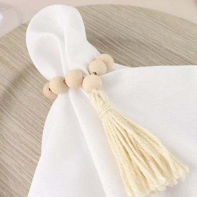 4 Pack Cream Farmhouse Country Wood Bead Napkin Rings With Tassels, Rustic Boho Chic Napkin Holders 6"