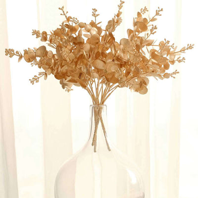 4 Pack Metallic Gold Artificial Eucalyptus Bushes, Faux Leaf Decor 12"